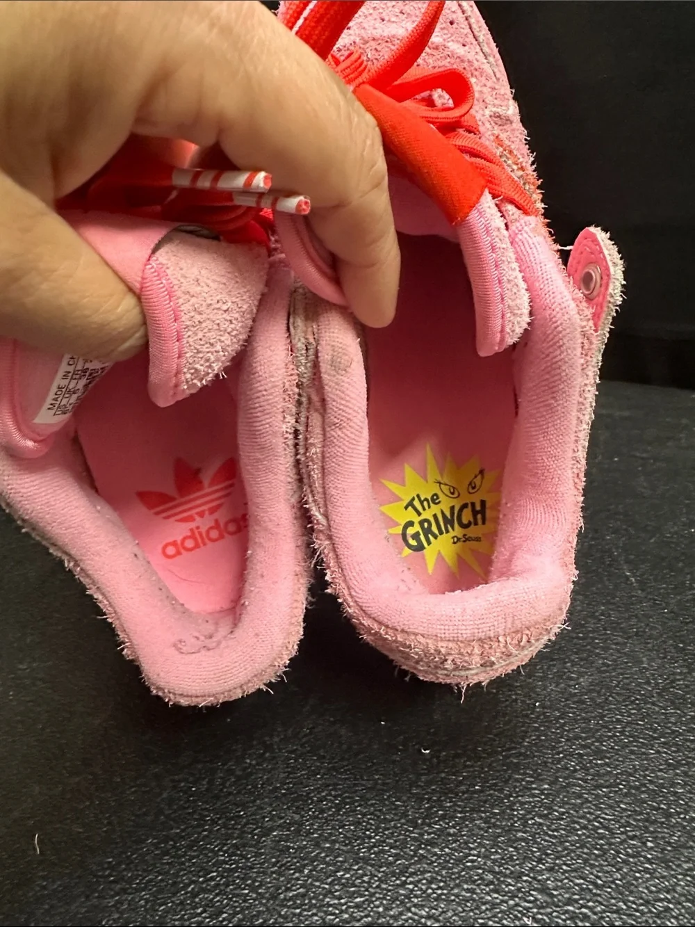 Adidas + Dr. Seuss Kids Pink Suede Sneakers with Red Laces and Character Tongue
